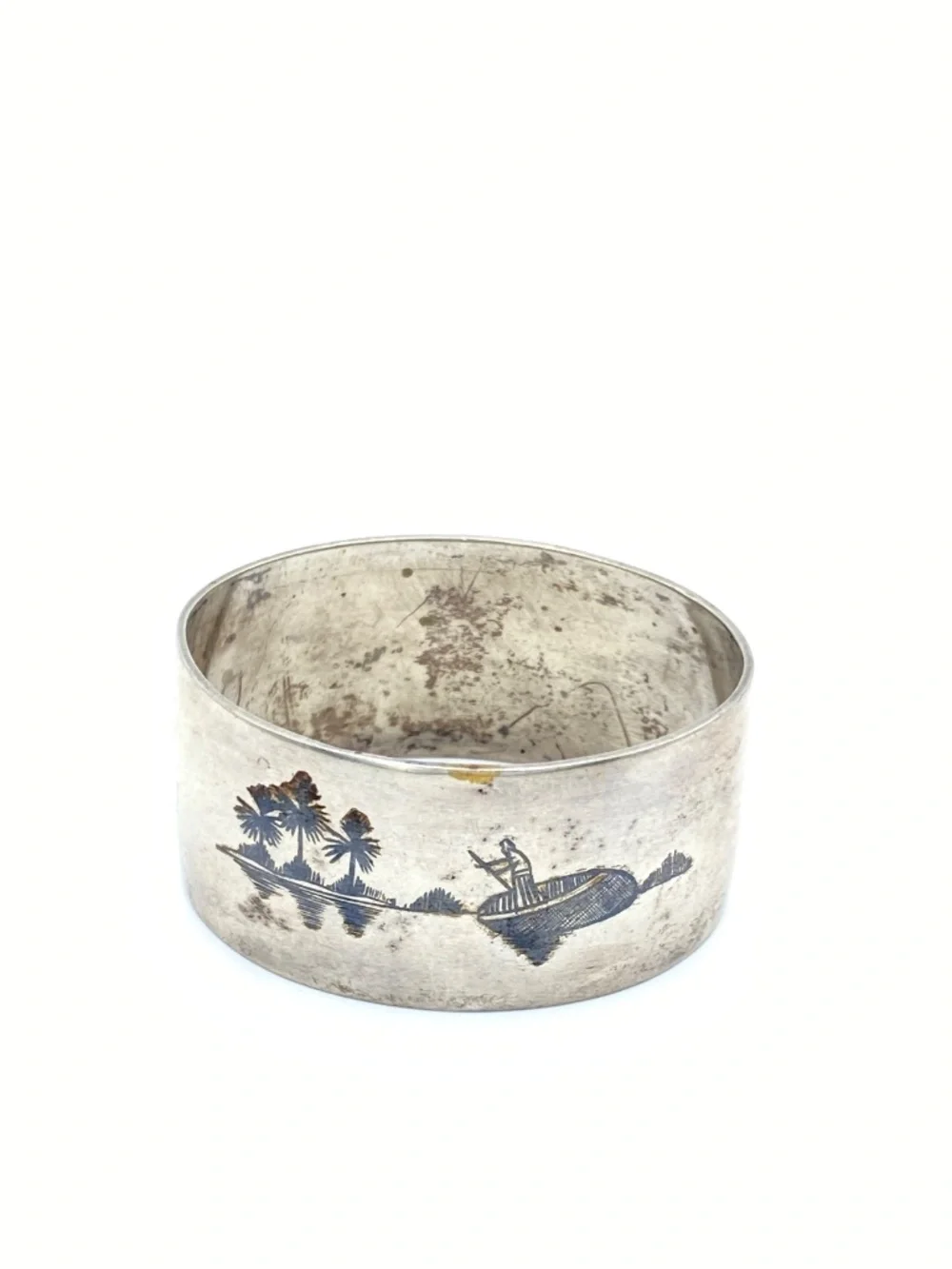 Vintage Iraqi Silver Niello Napkin Rings Set of 4 Double Scenic Middle Eastern
